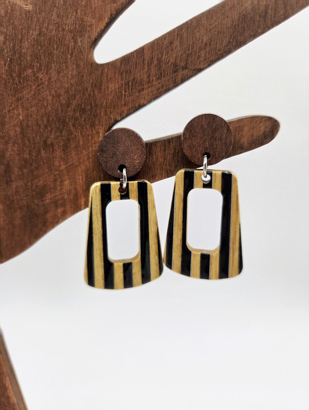 Wooden Striped Stud Drop Earrings, NWOT